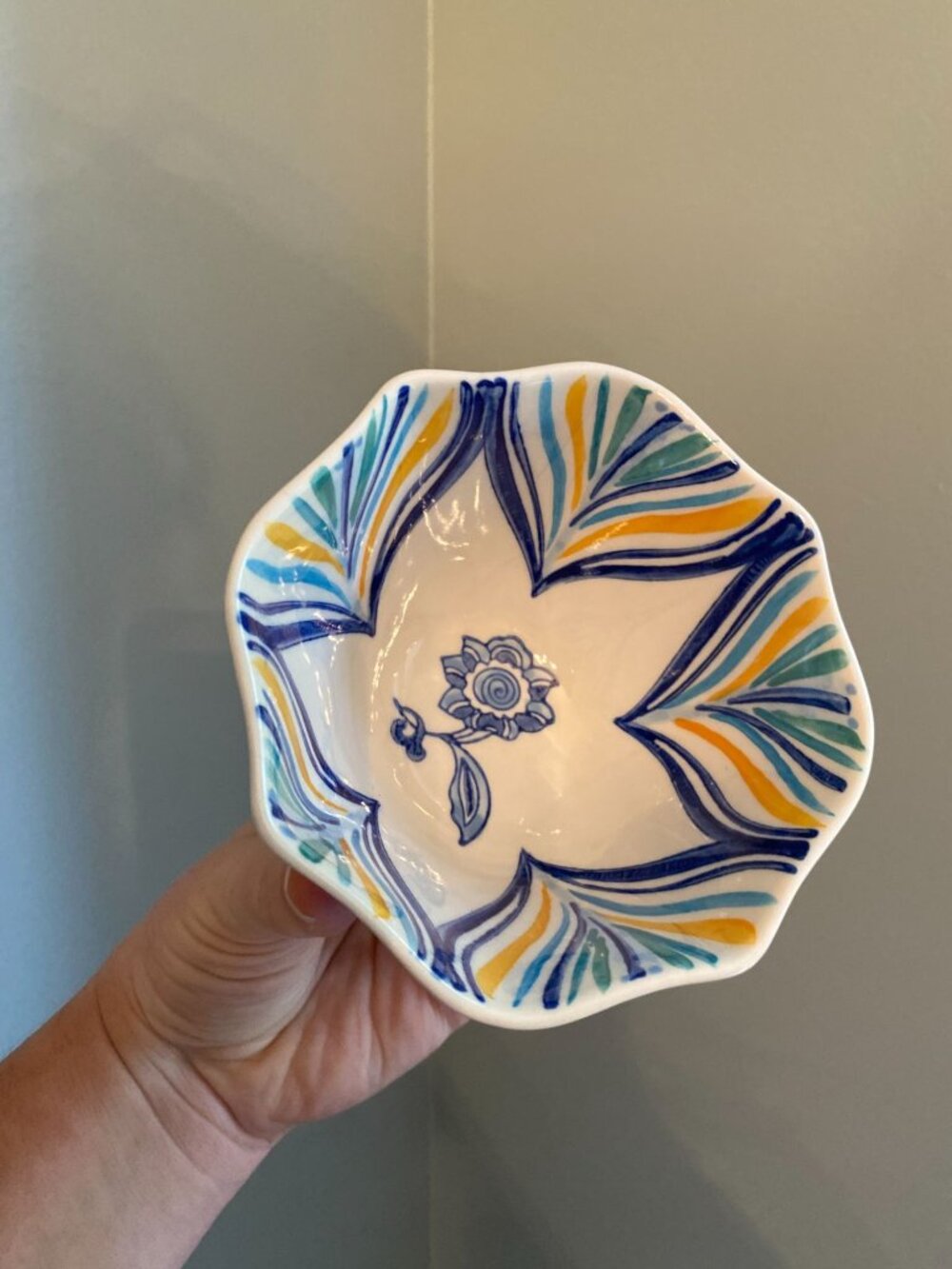 Small Bowl Anthropologie Hand-Painted Floral Design Scalloped Edge Blue Yellow G